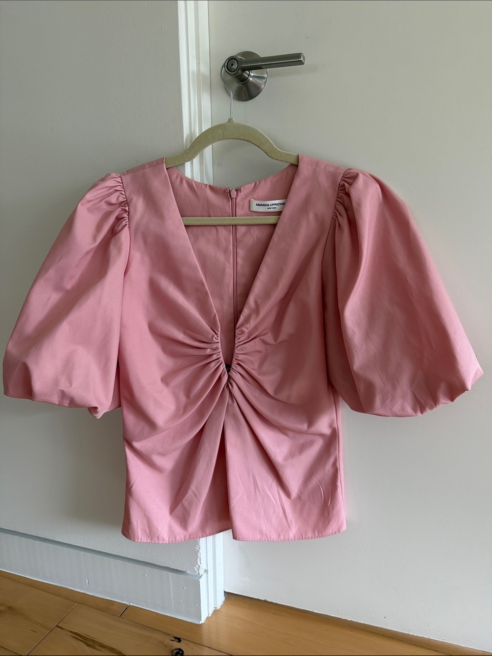 Amanda Uprichard Dusty Pink Puff-Sleeve Twist Front Blouse